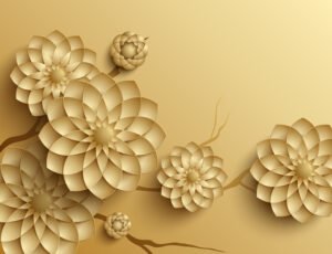 3d,Branches,Of,Golden,Arabesque,Style,Blossoms,On,Golden,Background