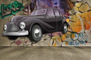 3d,Wallpaper,Design,With,A,Classic,Car,Jumping,Out,Of